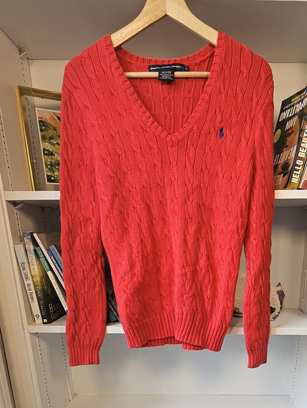 Vintage Ralph Lauren Sport Women’s Red Cable-Knit V-Neck Sweater Size Large
